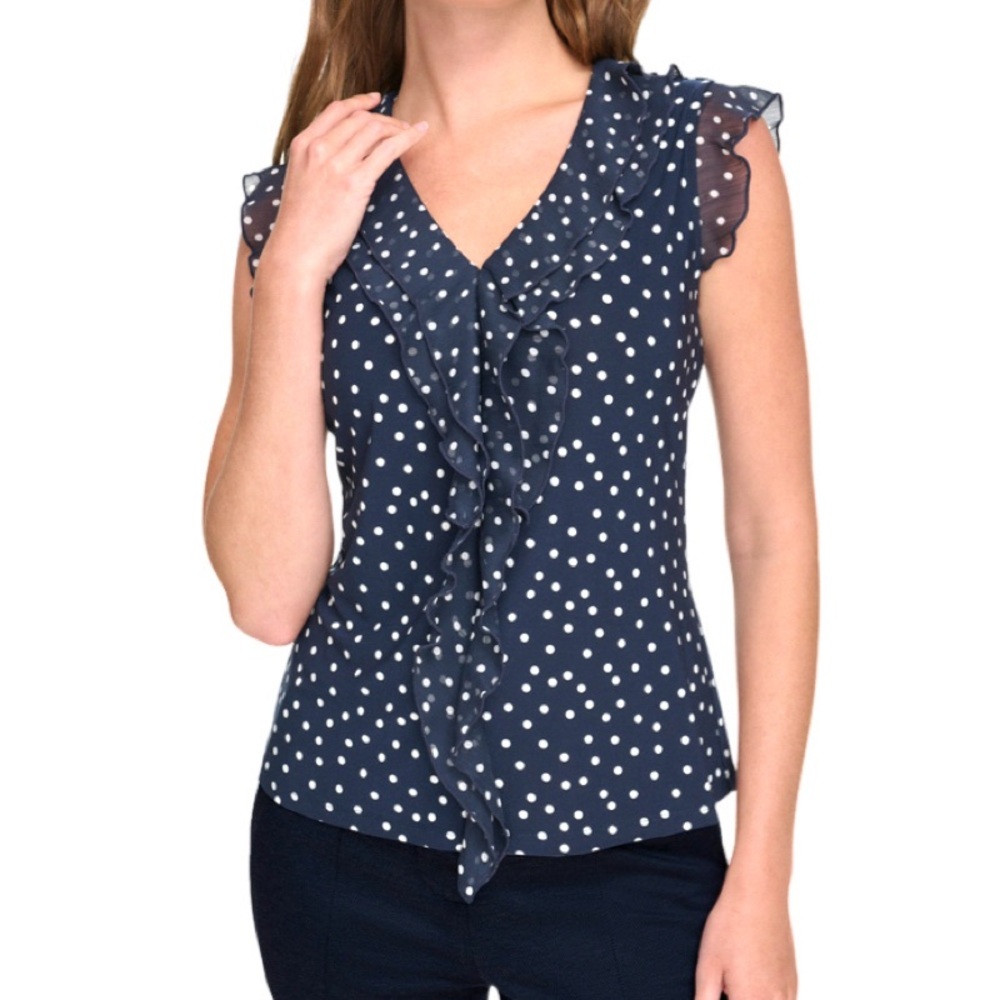 NEW Tommy Hilfiger Cascading Ruffle V-neck Blouse Polka Dot Navy Blue Size M - Picture 3 of 13